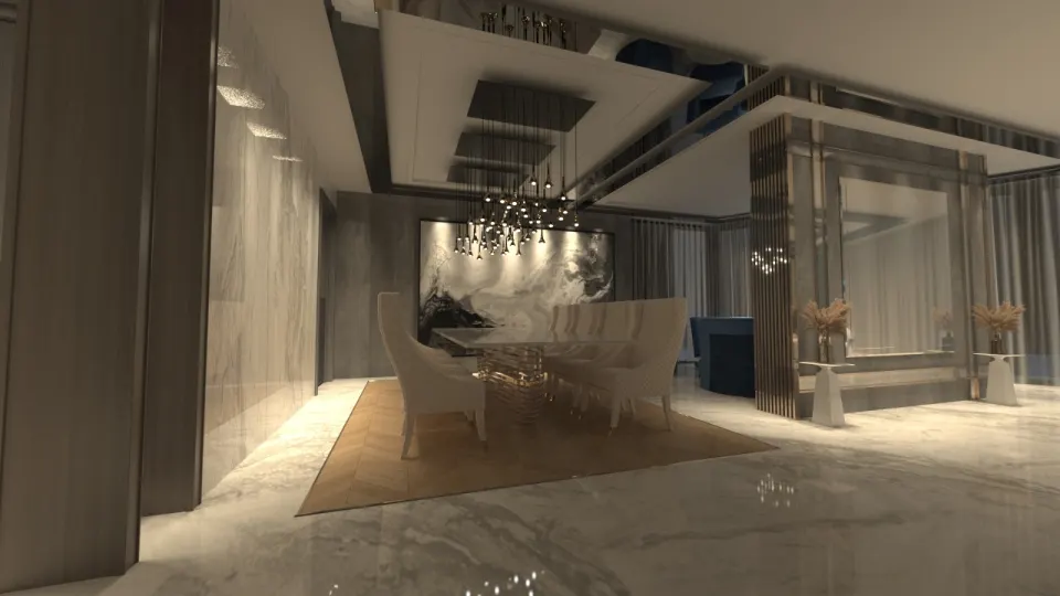 Otel Süiti Yemek Alanı – Bronz Ayaklı Masa, Krem Sandalye