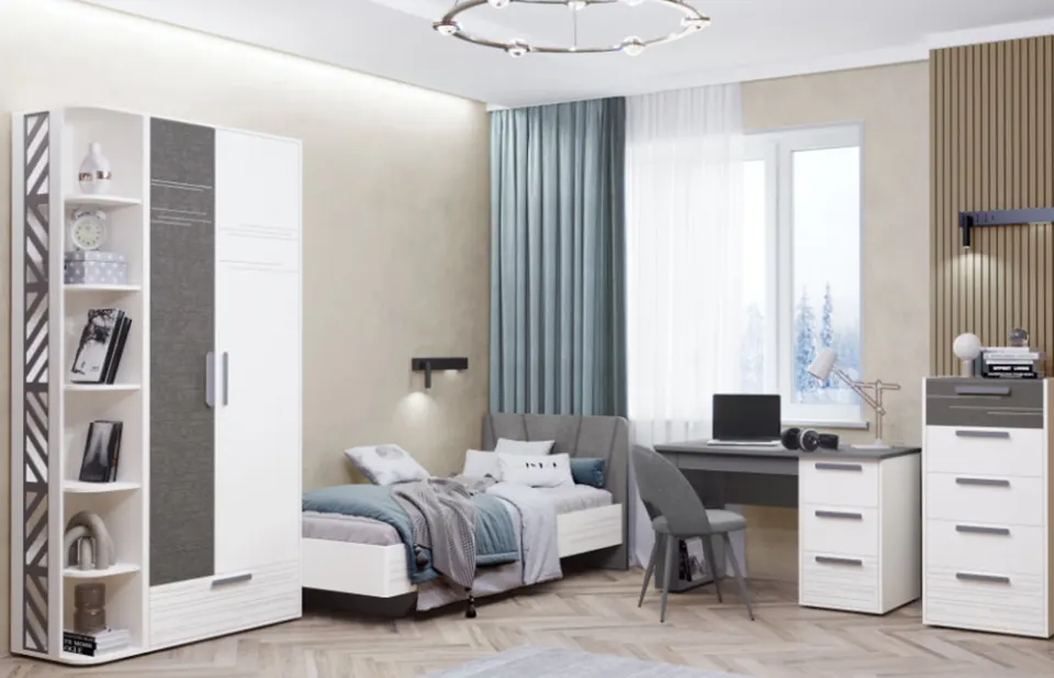 Yurt Odası Takımı – Beyaz ve Antrasit, Açık Raflı Gardırop